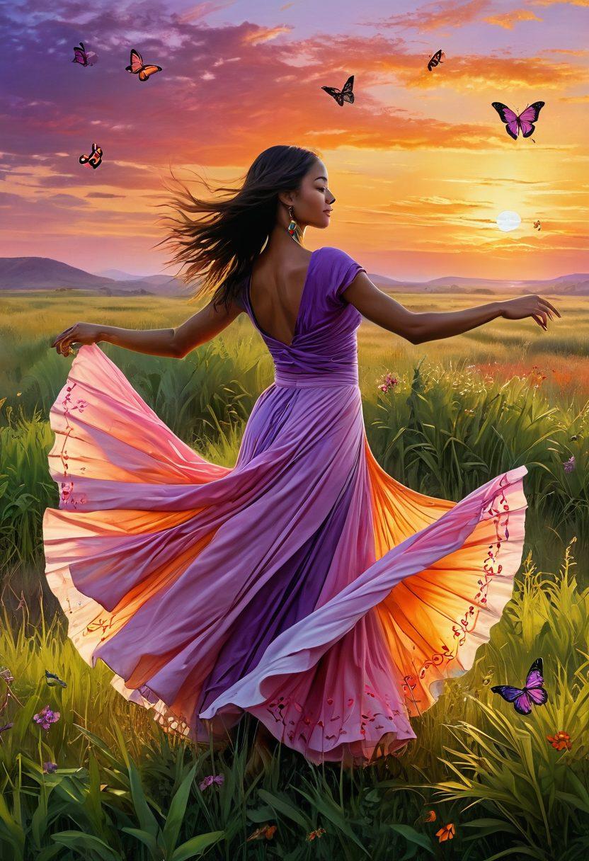 A serene landscape featuring a person joyfully dancing in an open field, with colorful butterflies swirling around. The sky is painted with warm, vibrant sunset hues, symbolizing freedom and bliss. Lush greenery surrounds the scene, and a gentle breeze is suggested through flowing fabrics. The atmosphere exudes lightness and happiness, evoking a sense of ecstatic living. super-realistic. vibrant colors. dreamy background.