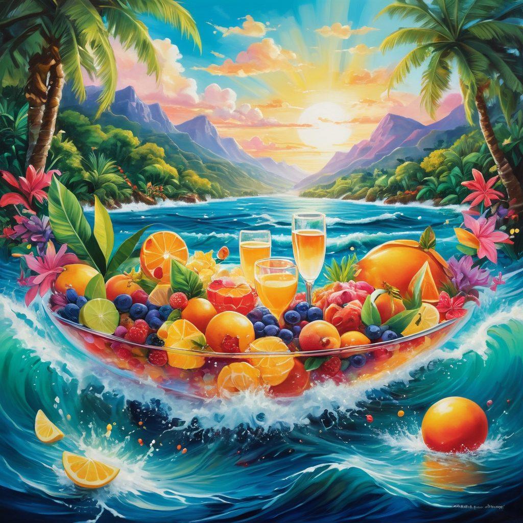 A vibrant, abstract representation of a joyful journey through indulgence, featuring playful waves made of colorful sweets and tropical fruits. In the background, sunlit landscapes with lush greenery and sparkling water, symbolizing freedom and adventure. Floating elements of luxury like champagne glasses and exotic flowers enhance the scene. The overall mood is cheerful and inviting. painting. vibrant colors. dreamy atmosphere.